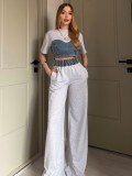 Denim Patchwork Short Sleeve Two Piece Pants Set YRST-T26-33