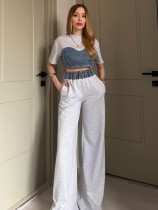 Denim Patchwork Short Sleeve Two Piece Pants Set YRST-T26-33