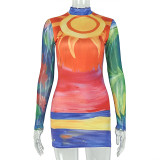 Long Sleeve Colorful Print Mini Dress GJYO-JD305087
