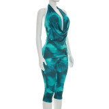 Print Backless Mesh Top Seventh Pants Suit GDSF-J26ST138