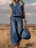 Fashion Denim Sleeveless Vest+Wide Leg Pants Suit YRST-D022