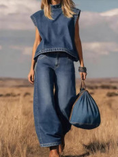 Fashion Denim Sleeveless Vest+Wide Leg Pants Suit YRST-D022