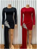 Long Sleeve Solid Color Hot Drill Mini Dress GADE-10059