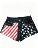 Retro Flag-Print Patchwork Denim Shorts GQLF-7777