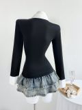V Neck Long Sleeve Patchwork Tops GYXN-95160