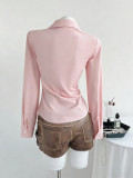 Solid Color V Neck Long Sleeve Shirt GYXN-73913