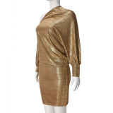 Long Sleeve Slash Shoulder Mini Dress GFRT-041702DBG