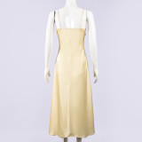 Solid Color Sling Patchwork Satin Maxi Dress GFRT-32708DBY
