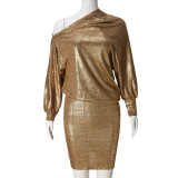 Long Sleeve Slash Shoulder Mini Dress GFRT-041702DBG