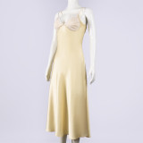 Solid Color Sling Patchwork Satin Maxi Dress GFRT-32708DBY