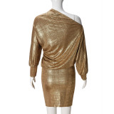 Long Sleeve Slash Shoulder Mini Dress GFRT-041702DBG