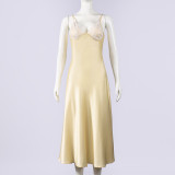 Solid Color Sling Patchwork Satin Maxi Dress GFRT-32708DBY