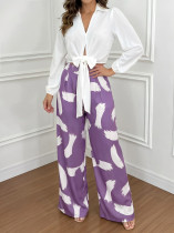 Lapel Long Sleeve Shirt Print Pants 2 Piece Set GYLY-11090