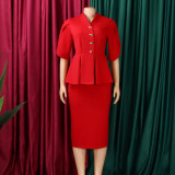 Plus Size Short Sleeve Solid Color Ruffles Midi Dress GCZF-8660