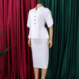 Plus Size Short Sleeve Solid Color Ruffles Midi Dress GCZF-8660