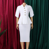 Plus Size Short Sleeve Solid Color Ruffles Midi Dress GCZF-8660