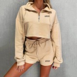 Custom LOGO Solid Color Zipper Sport Short 2 Piece Set YMZY-0510LOGO