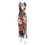 Print V Neck Split Maxi Dress SUM-YL26111MHO