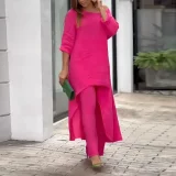 Plus Size Solid Color Long Sleeve Irregular Two Piece Pants Set GYJY-W0839