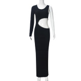 Single Shoulder Long Sleeve Hot Drill Maxi Dress GFRT-041825DBG