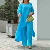 Plus Size Solid Color Long Sleeve Irregular Two Piece Pants Set GYJY-W0839