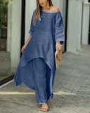 Plus Size Solid Color Long Sleeve Irregular Two Piece Pants Set GYJY-W0839