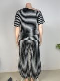 Plus Size Stripe Slash Shoulder Top Wide Leg Pants Suit GAWE-6738