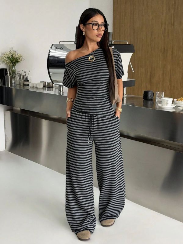 Plus Size Stripe Slash Shoulder Top Wide Leg Pants Suit GAWE-6738