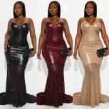 Leather Patchwork Mesh Tube Top Dress GMYU-11188