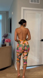Print Backless Sling Tops Two Piece Pants Set TE-4757