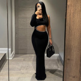 Single Shoulder Long Sleeve Hot Drill Maxi Dress GFRT-041825DBG
