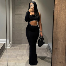 Single Shoulder Long Sleeve Hot Drill Maxi Dress GFRT-041825DBG