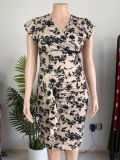 Plus Size Floral Print V Neck Midi Dress GAWE-6741