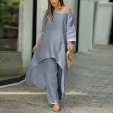 Plus Size Solid Color Long Sleeve Irregular Two Piece Pants Set GYJY-W0839