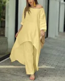 Plus Size Solid Color Long Sleeve Irregular Two Piece Pants Set GYJY-W0839