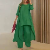 Plus Size Solid Color Long Sleeve Irregular Two Piece Pants Set GYJY-W0839