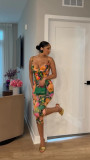 Print Backless Sling Tops Two Piece Pants Set TE-4757
