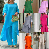 Plus Size Solid Color Long Sleeve Irregular Two Piece Pants Set GYJY-W0839