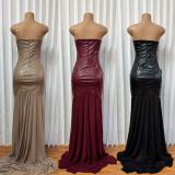 Leather Patchwork Mesh Tube Top Dress GMYU-11188