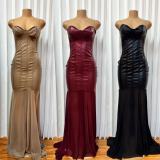 Leather Patchwork Mesh Tube Top Dress GMYU-11188