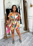 Print Short Sleeve Shirt Two Piece Shorts Set TE-4759
