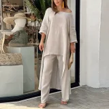 Plus Size Solid Color Long Sleeve Irregular Two Piece Pants Set GYJY-W0839