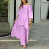 Plus Size Solid Color Long Sleeve Irregular Two Piece Pants Set GYJY-W0839