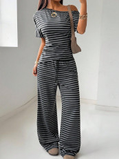Plus Size Stripe Slash Shoulder Top Wide Leg Pants Suit GAWE-6738