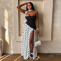 Patchwork Polka Dot High Split Maxi Dress GDSF-J26DS142