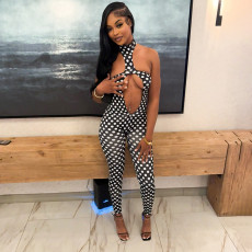 Polka Dots Print Backless Tight Jumpsuit GDSF-D26JP107