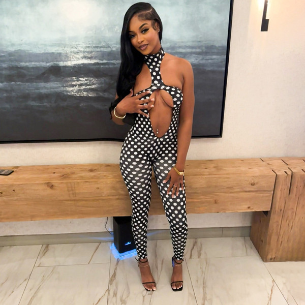 Polka Dots Print Backless Tight Jumpsuit GDSF-D26JP107