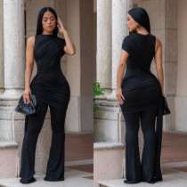 Solid Color Sleeveless Ruched Jumpsuit BY-7700