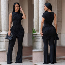 Solid Color Sleeveless Ruched Jumpsuit BY-7700
