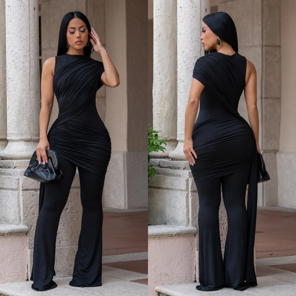 Solid Color Sleeveless Ruched Jumpsuit BY-7700